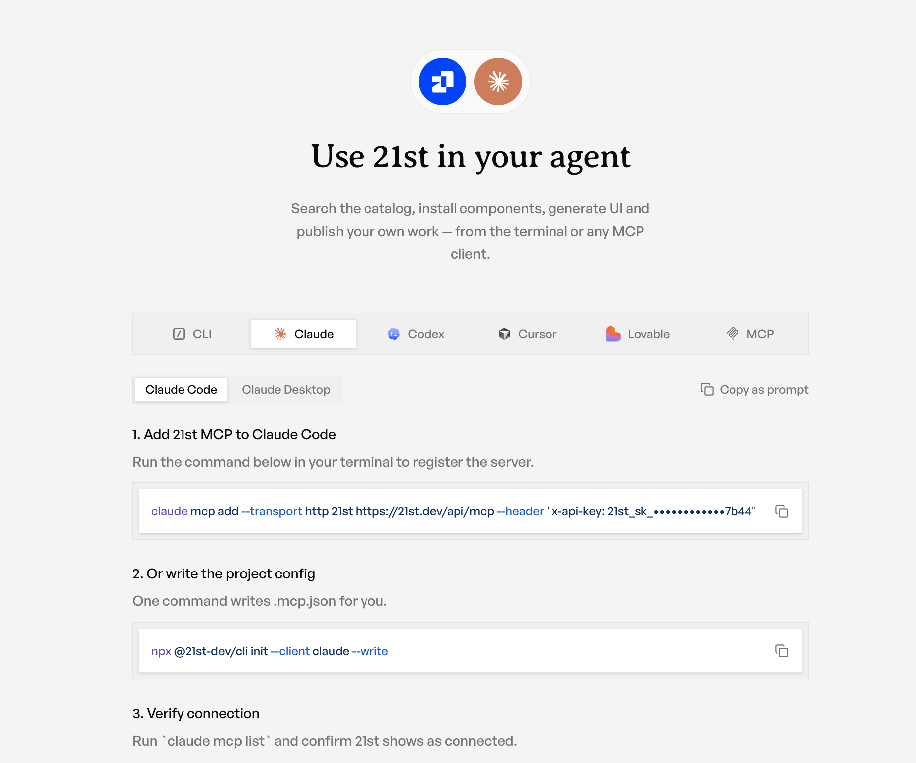 Use 21st in your agent: per-client setup for CLI, Claude, Codex, Cursor, Lovable and MCP